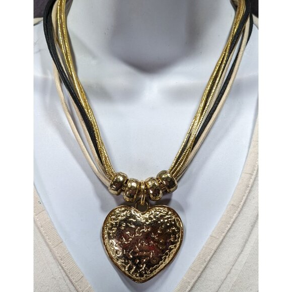 Funky Glam Textured Heart Gold Tone And Tan Pendant Necklace - Picture 4 of 6